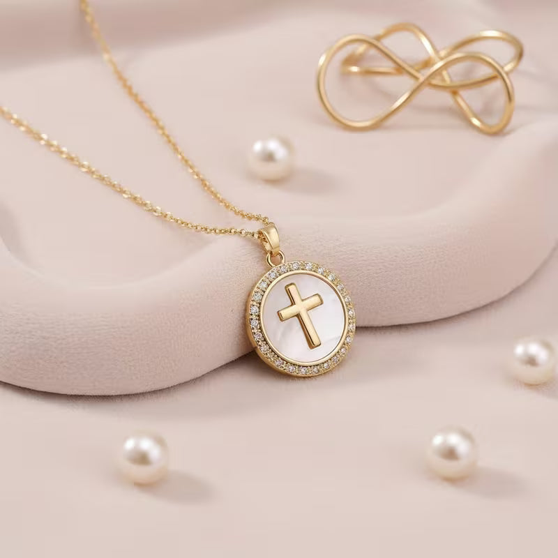 Round Gold Cross Necklace for Women | Christian Pendant | Imported Christian Faith Jewelry Pakistan